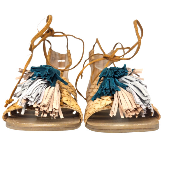 Steve Madden Sandals 5.5 Tan Blue Strappy Gladiator Tassel Boho Bohemian Ankle - Picture 3 of 10